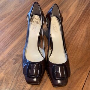 Franco Sarto Classic Brown Leather Block Heel Pumps, brown patent, EUC, 8 1/2
